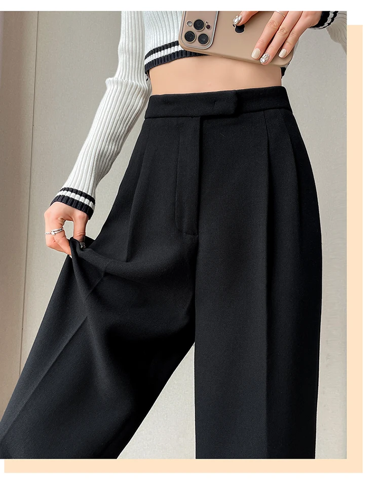 WOOL Autumn Slim High Waist Straight Women's Pants Casual Solid Color Loose Chic Female Wide Leg Pants Fashion Office Ladies