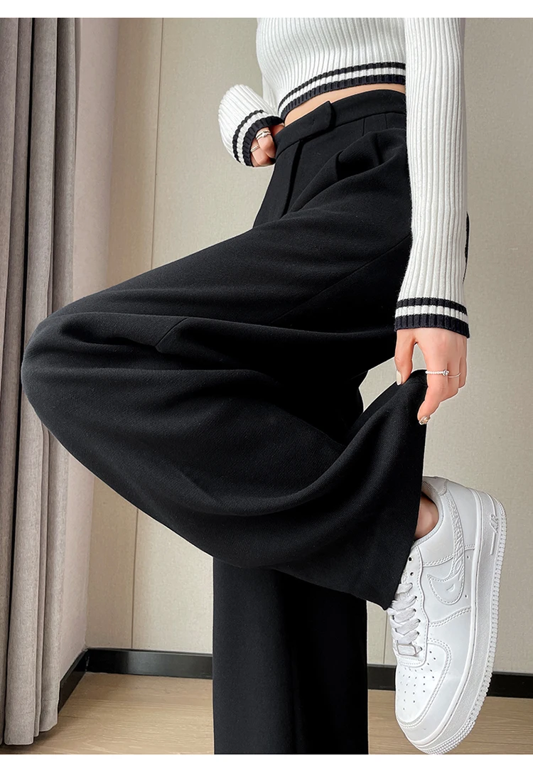 WOOL Autumn Slim High Waist Straight Women's Pants Casual Solid Color Loose Chic Female Wide Leg Pants Fashion Office Ladies