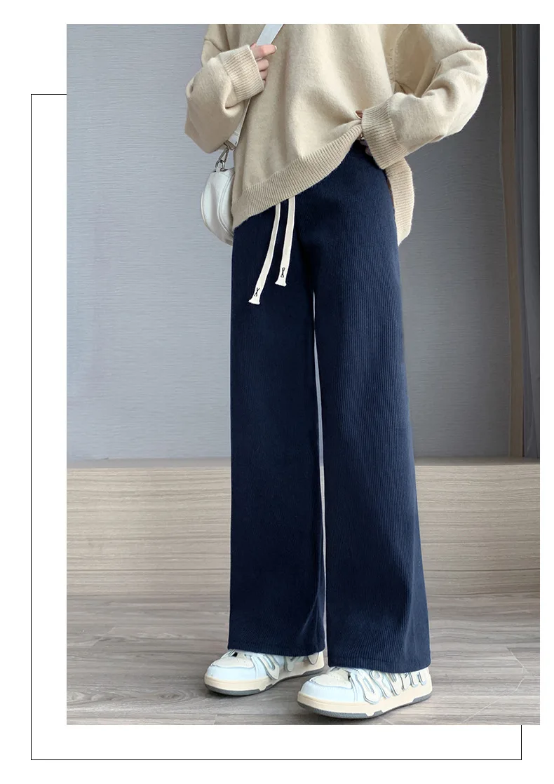 Women Wide Leg Corduroy Pants Autumn Winter Women Basic Elastic Waist Stright Long Pants Casual Female Long Pants Trousers