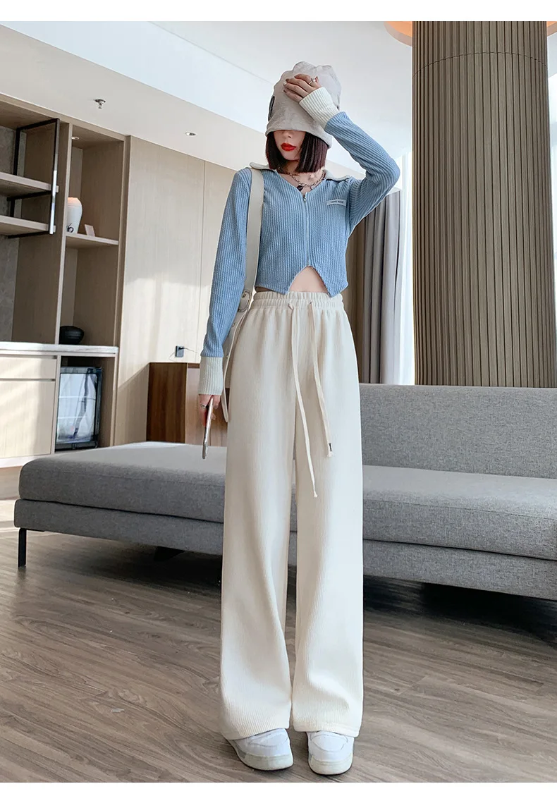 Women Wide Leg Corduroy Pants Autumn Winter Women Basic Elastic Waist Stright Long Pants Casual Female Long Pants Trousers