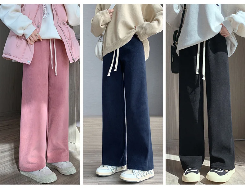 Women Wide Leg Corduroy Pants Autumn Winter Women Basic Elastic Waist Stright Long Pants Casual Female Long Pants Trousers