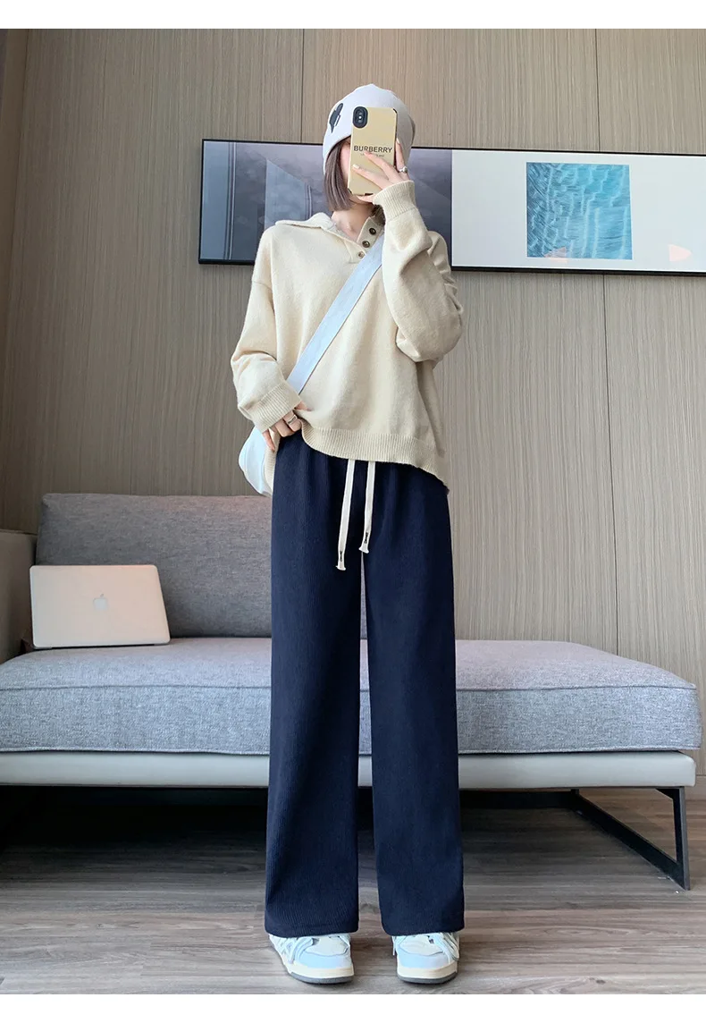 Women Wide Leg Corduroy Pants Autumn Winter Women Basic Elastic Waist Stright Long Pants Casual Female Long Pants Trousers
