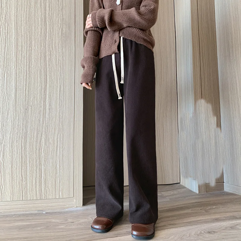 Women Wide Leg Corduroy Pants Autumn Winter Women Basic Elastic Waist Stright Long Pants Casual Female Long Pants Trousers