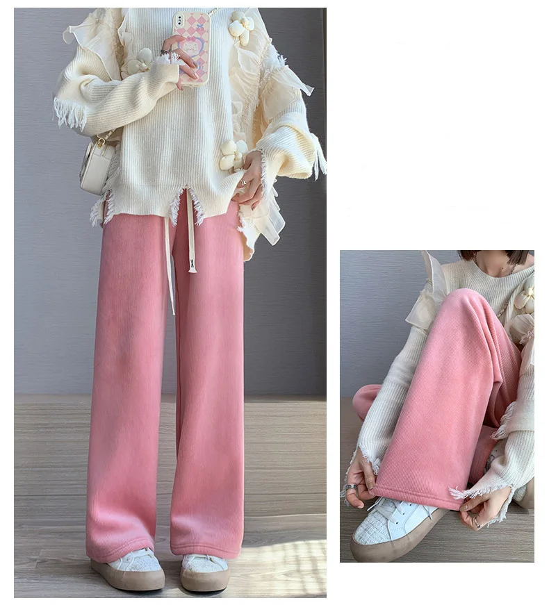 Women Wide Leg Corduroy Pants Autumn Winter Women Basic Elastic Waist Stright Long Pants Casual Female Long Pants Trousers