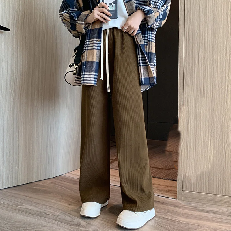 Women Wide Leg Corduroy Pants Autumn Winter Women Basic Elastic Waist Stright Long Pants Casual Female Long Pants Trousers