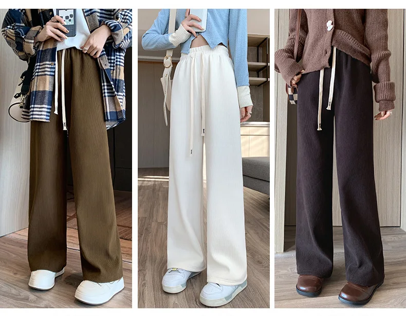 Women Wide Leg Corduroy Pants Autumn Winter Women Basic Elastic Waist Stright Long Pants Casual Female Long Pants Trousers
