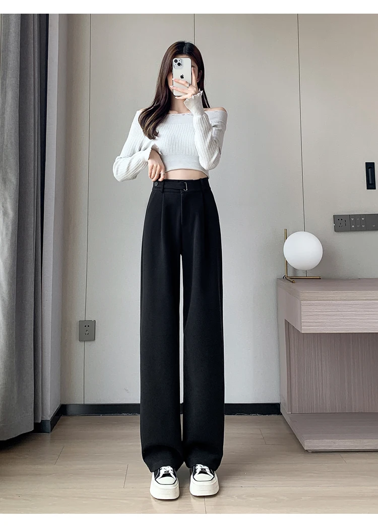 Seoulish Autumn Winter Thicken Woolen Casual Loose Full Length Pants 2025 New Button High Waist Chic Wide Leg Trousers Female