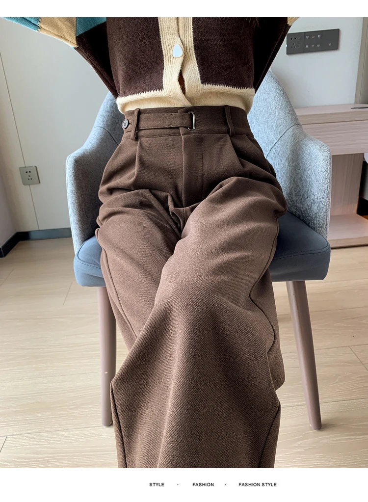 Seoulish Autumn Winter Thicken Woolen Casual Loose Full Length Pants 2025 New Button High Waist Chic Wide Leg Trousers Female