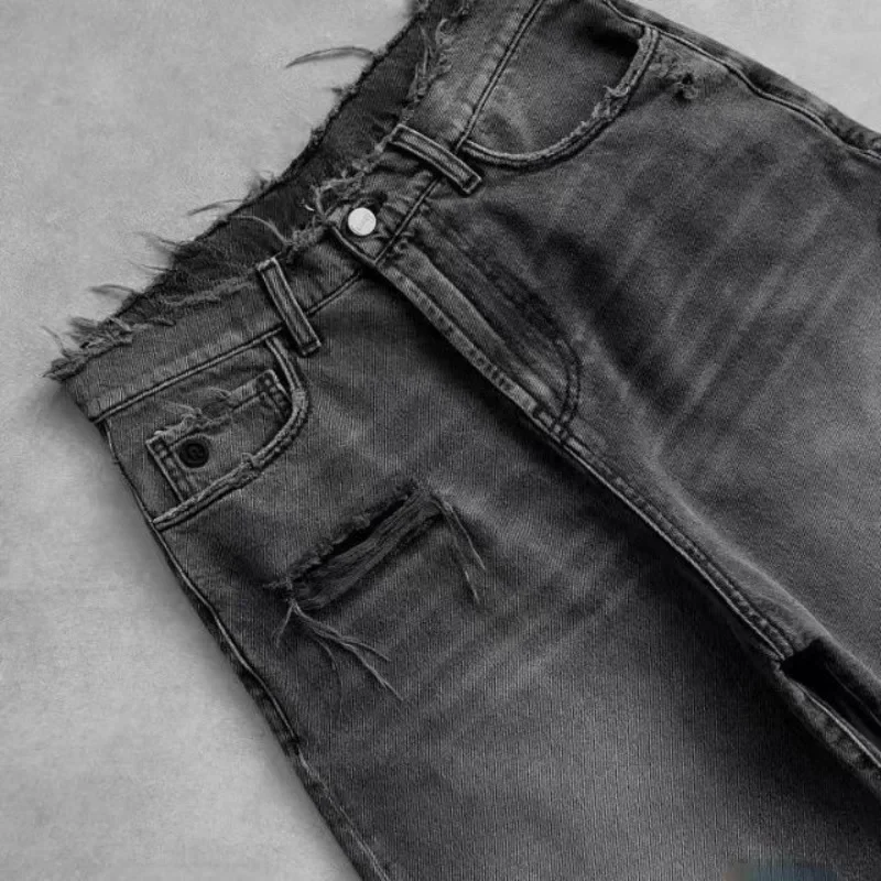 HOUZHOU Washed Ripped Short Jeans Women and Man Hole Embroidery Wide Leg American Retro Jorts Baggy Casual Streetwear Summer
