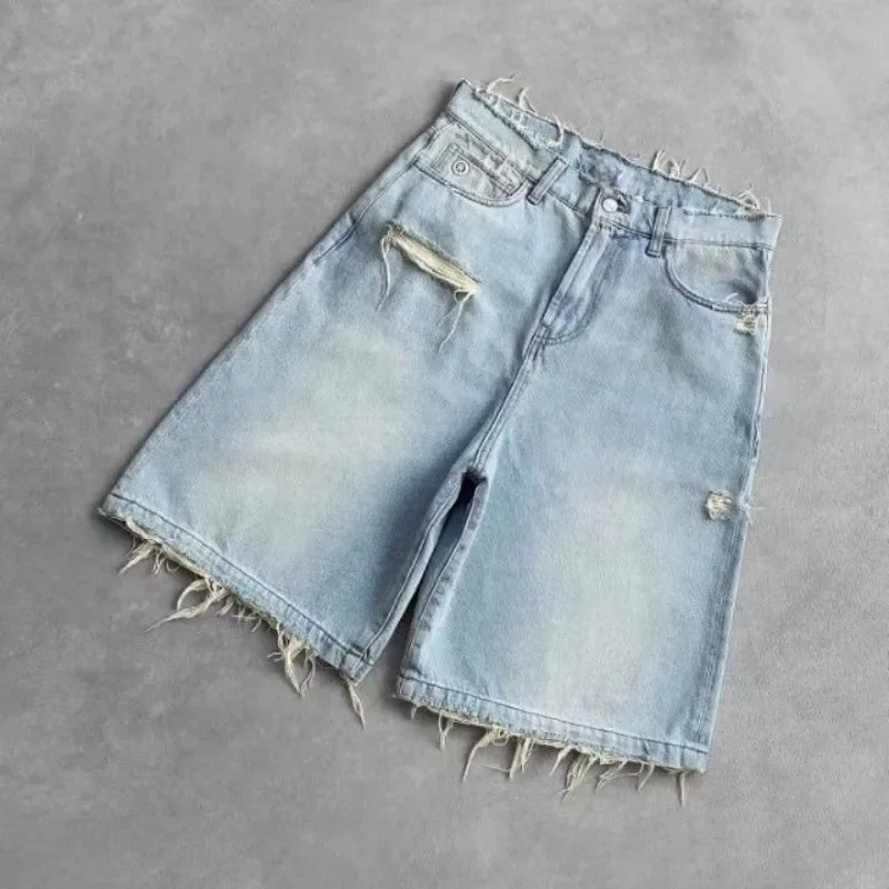 HOUZHOU Washed Ripped Short Jeans Women and Man Hole Embroidery Wide Leg American Retro Jorts Baggy Casual Streetwear Summer