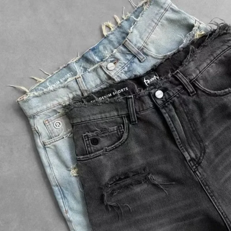 HOUZHOU Washed Ripped Short Jeans Women and Man Hole Embroidery Wide Leg American Retro Jorts Baggy Casual Streetwear Summer