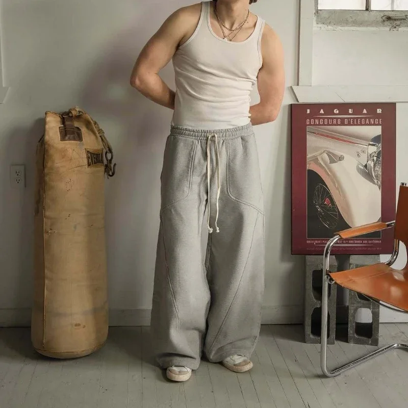 HOUZHOU Grey Vintage Y2k Women Sweatpants Harajuku Oversized Wide Leg American Style Man Pants Baggy Streetwear Hip Hop Trousers