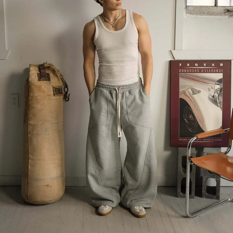 HOUZHOU Grey Vintage Y2k Women Sweatpants Harajuku Oversized Wide Leg American Style Man Pants Baggy Streetwear Hip Hop Trousers