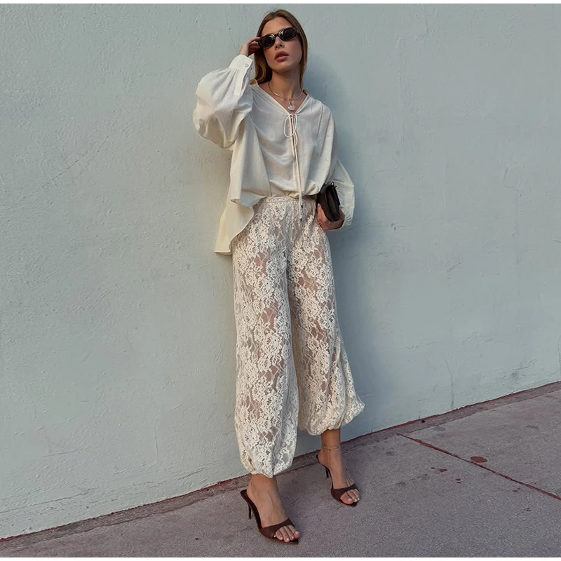 Fashion Loose Fit Lace Pants Women's Elastic High Waist Lounge Trousers 2026 2026 Spring New Lady Bohemian Casual Bottoms