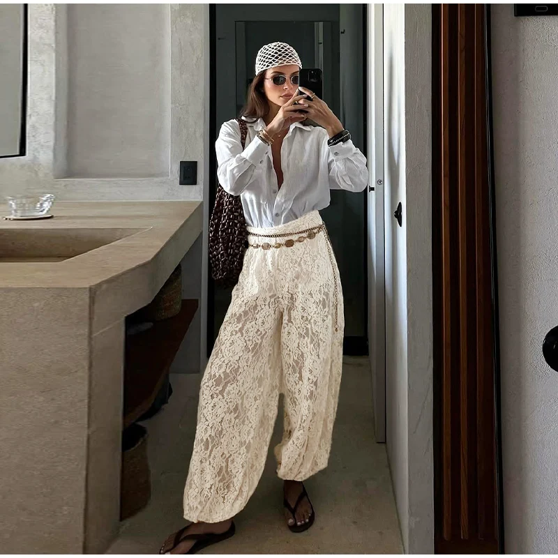 Fashion Loose Fit Lace Pants Women's Elastic High Waist Lounge Trousers 2026 2026 Spring New Lady Bohemian Casual Bottoms