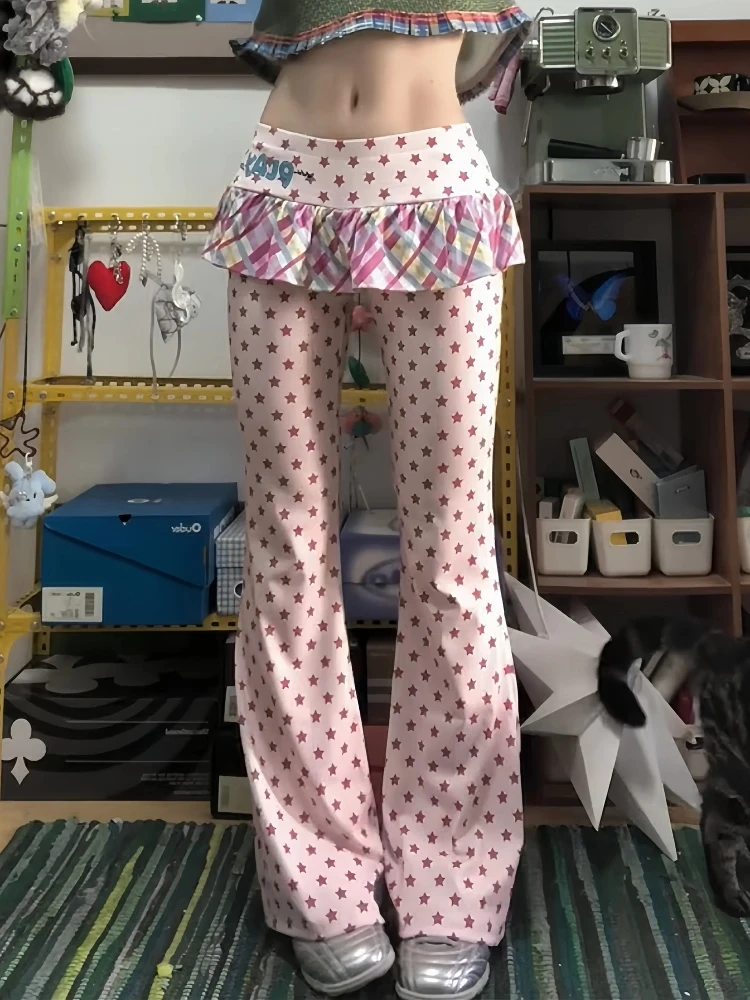 2025 Autumn Winter Women Y2k Long Trousers Fake Two Pieces 2000s Kpop Fashion Gyaru Low Rise Flared Pants Skinny Sweet Harajuku