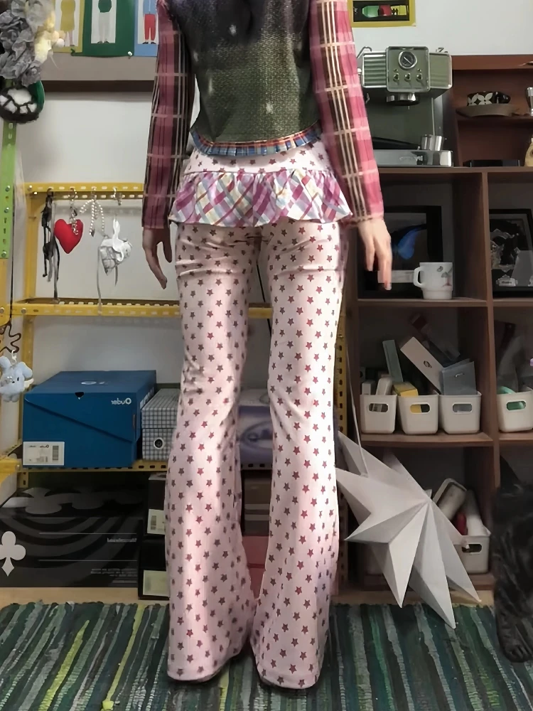 2025 Autumn Winter Women Y2k Long Trousers Fake Two Pieces 2000s Kpop Fashion Gyaru Low Rise Flared Pants Skinny Sweet Harajuku