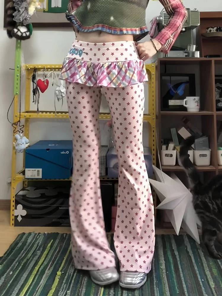 2025 Autumn Winter Women Y2k Long Trousers Fake Two Pieces 2000s Kpop Fashion Gyaru Low Rise Flared Pants Skinny Sweet Harajuku