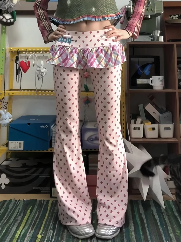 2025 Autumn Winter Women Y2k Long Trousers Fake Two Pieces 2000s Kpop Fashion Gyaru Low Rise Flared Pants Skinny Sweet Harajuku
