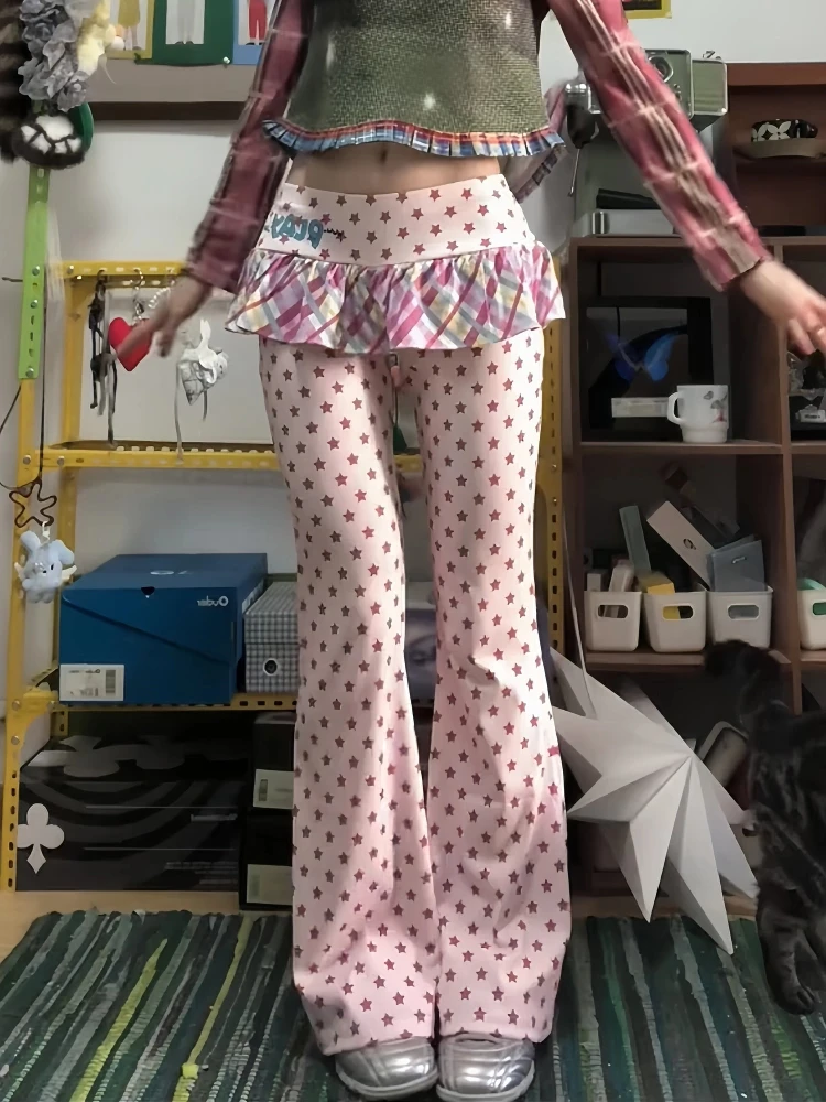 2025 Autumn Winter Women Y2k Long Trousers Fake Two Pieces 2000s Kpop Fashion Gyaru Low Rise Flared Pants Skinny Sweet Harajuku