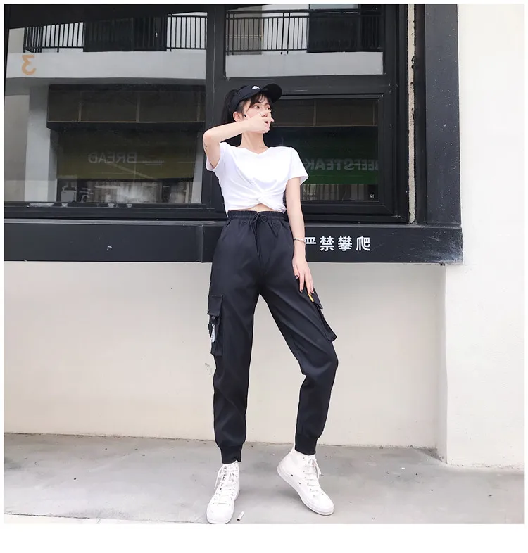 Hot Big Pockets Cargo Pants Women High Waist Loose Streetwear Baggy Tactical Trouser Fashion Hip Hop Joggers Trousers Female