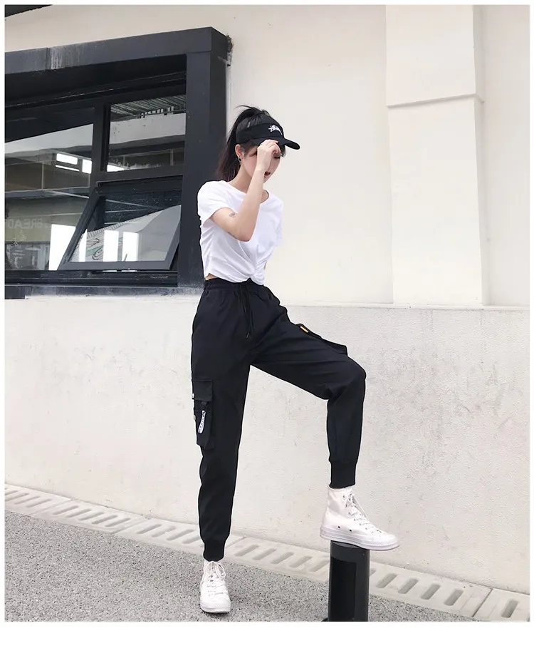 Hot Big Pockets Cargo Pants Women High Waist Loose Streetwear Baggy Tactical Trouser Fashion Hip Hop Joggers Trousers Female