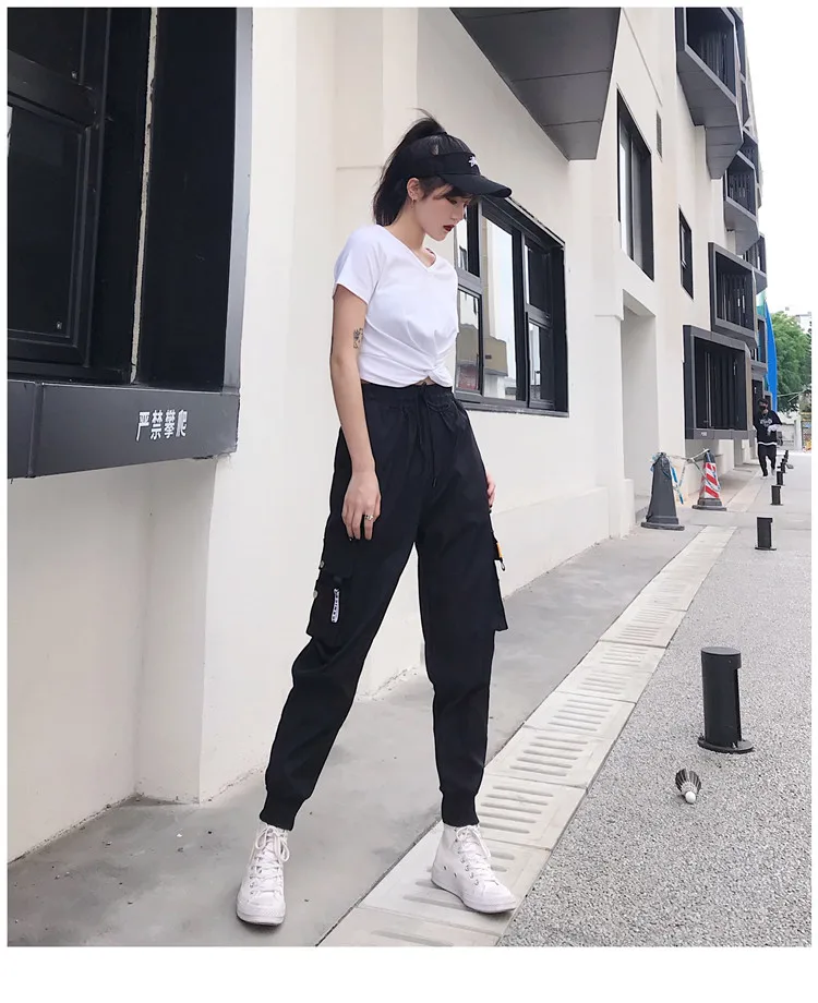 Hot Big Pockets Cargo Pants Women High Waist Loose Streetwear Baggy Tactical Trouser Fashion Hip Hop Joggers Trousers Female