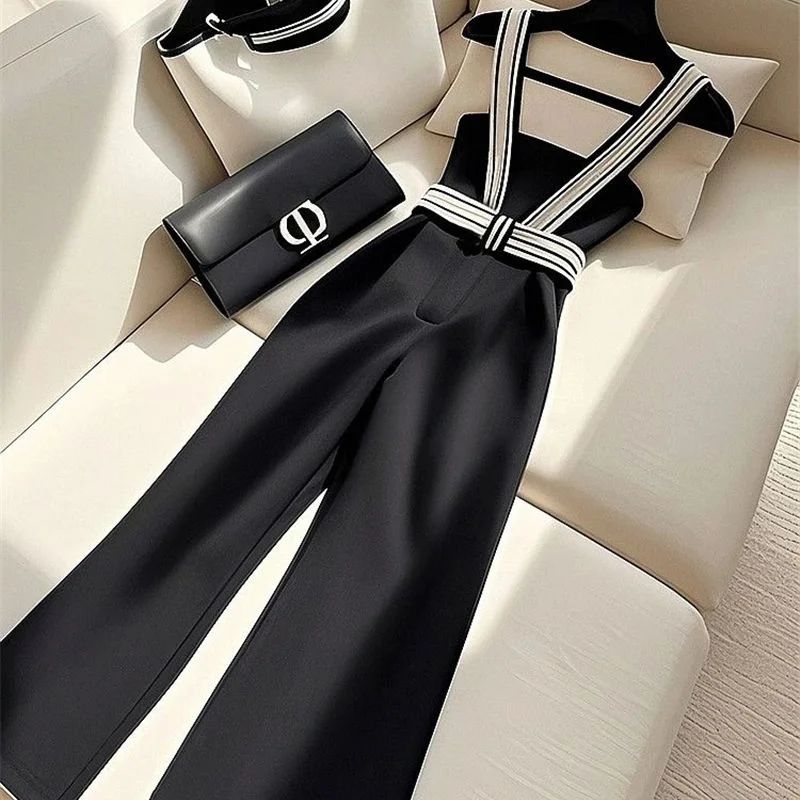 Small Fragrance Black Pants Women Luxury Design High Waist Strap Pant Spring Summer Fashion Female High End Wide-leg Pants