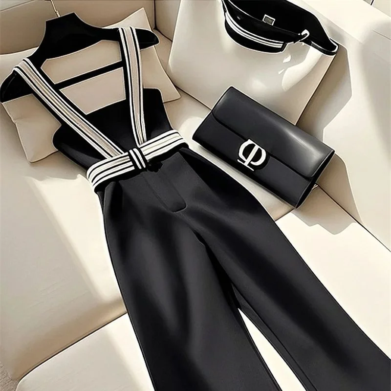Small Fragrance Black Pants Women Luxury Design High Waist Strap Pant Spring Summer Fashion Female High End Wide-leg Pants