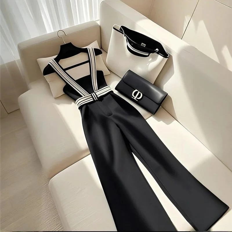 Small Fragrance Black Pants Women Luxury Design High Waist Strap Pant Spring Summer Fashion Female High End Wide-leg Pants