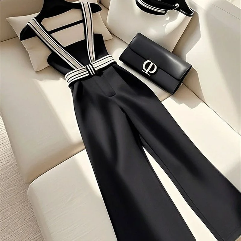 Small Fragrance Black Pants Women Luxury Design High Waist Strap Pant Spring Summer Fashion Female High End Wide-leg Pants