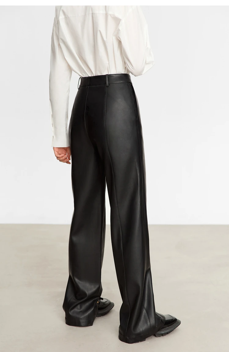 AMII Minimalist PU Leather Casual Pants for Women 2026 Autumn New Loose Floor Length Straight Slit Female Trousers 12343250