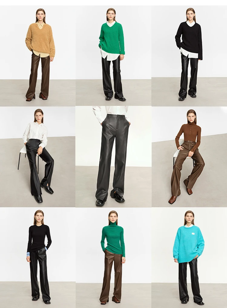 AMII Minimalist PU Leather Casual Pants for Women 2026 Autumn New Loose Floor Length Straight Slit Female Trousers 12343250