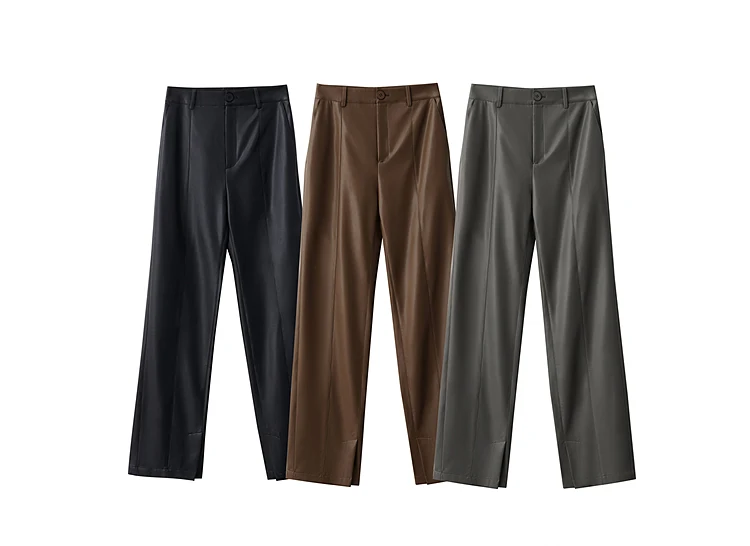 AMII Minimalist PU Leather Casual Pants for Women 2026 Autumn New Loose Floor Length Straight Slit Female Trousers 12343250