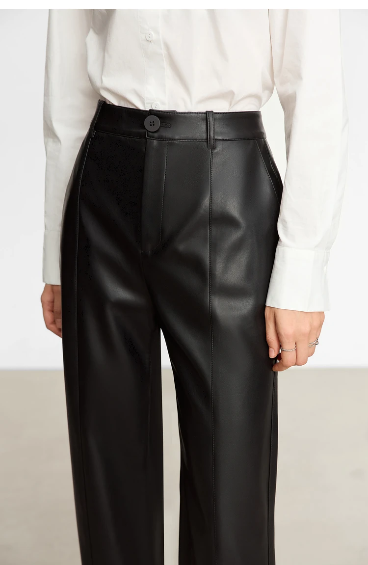 AMII Minimalist PU Leather Casual Pants for Women 2026 Autumn New Loose Floor Length Straight Slit Female Trousers 12343250