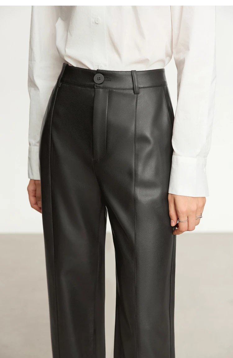 AMII Minimalist PU Leather Casual Pants for Women 2026 Autumn New Loose Floor Length Straight Slit Female Trousers 12343250