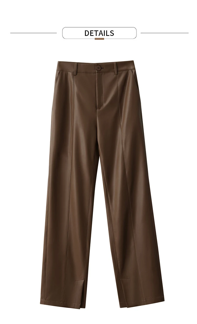 AMII Minimalist PU Leather Casual Pants for Women 2026 Autumn New Loose Floor Length Straight Slit Female Trousers 12343250
