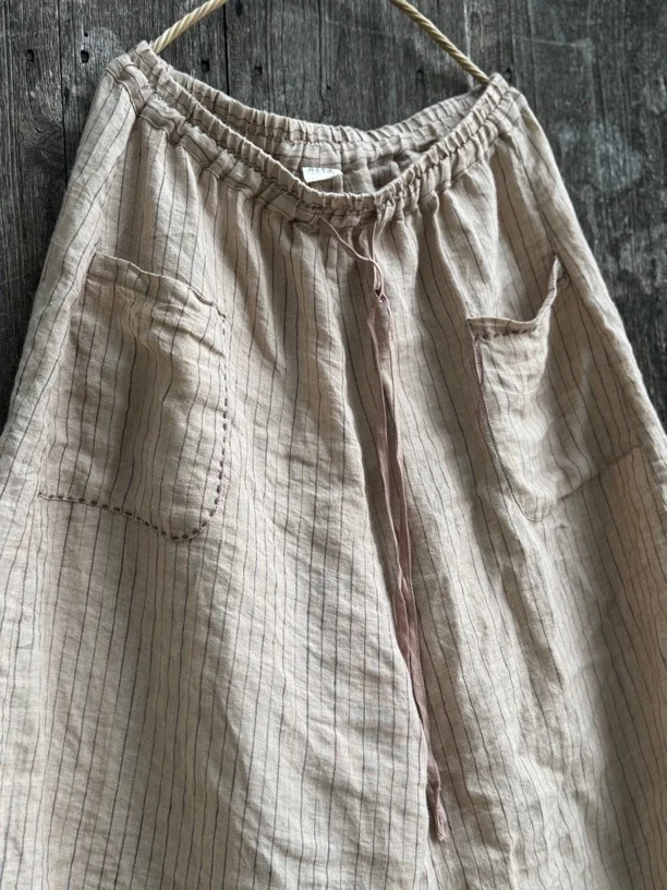 Women's Striped Linen Pants Autumn 2025 Wide Leg Vintage Style Loose Pants Pockets Breathable Woman Clothing Casual Trousers