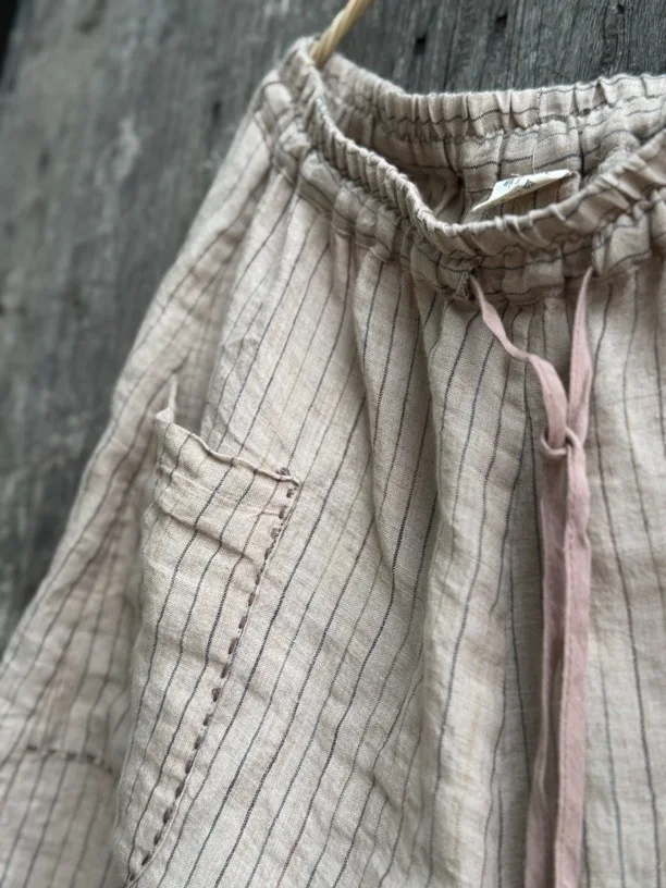 Women's Striped Linen Pants Autumn 2025 Wide Leg Vintage Style Loose Pants Pockets Breathable Woman Clothing Casual Trousers