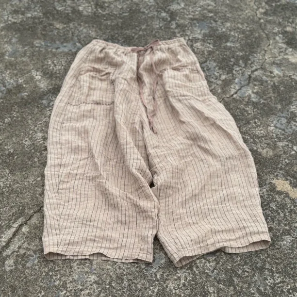 Women's Striped Linen Pants Autumn 2025 Wide Leg Vintage Style Loose Pants Pockets Breathable Woman Clothing Casual Trousers