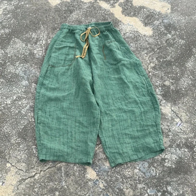 Women's Striped Linen Pants Autumn 2025 Wide Leg Vintage Style Loose Pants Pockets Breathable Woman Clothing Casual Trousers