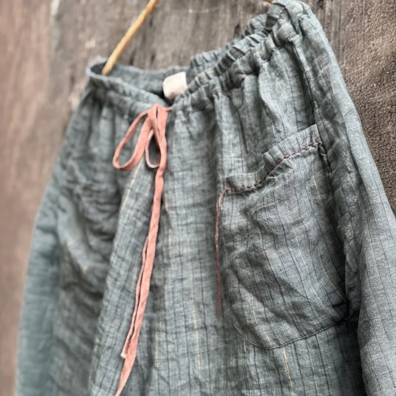 Women's Striped Linen Pants Autumn 2025 Wide Leg Vintage Style Loose Pants Pockets Breathable Woman Clothing Casual Trousers