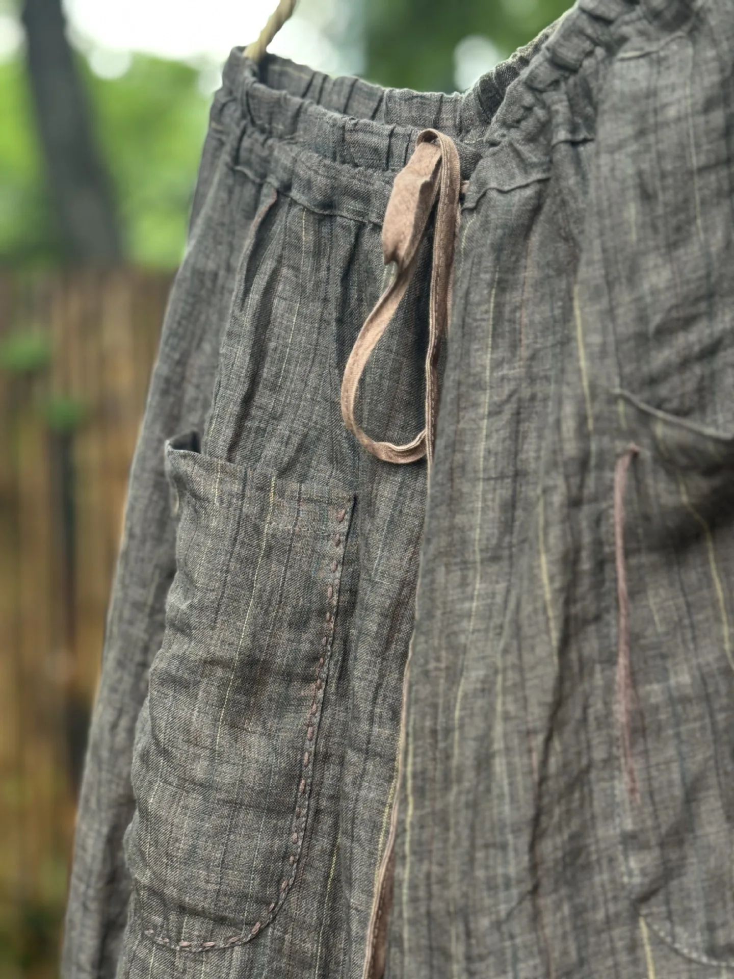 Women's Striped Linen Pants Autumn 2025 Wide Leg Vintage Style Loose Pants Pockets Breathable Woman Clothing Casual Trousers