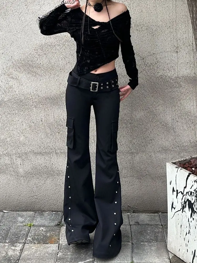 Retro New Pure Black Rivet Design Belt Decorative Slim Pants for Women Y2K Harajuku Goth Low-Waisted Flared Pants