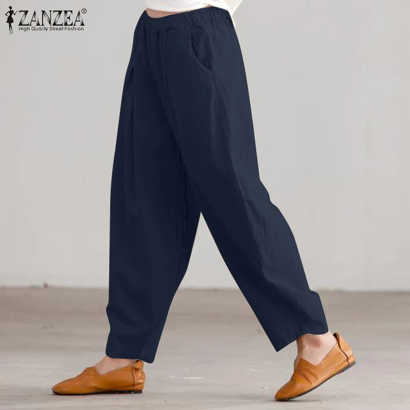 ZANZEA Summer Elastic Waist Solid Trousers Women Casual Baggy Pants Elegant Loose Wide Leg Pantalon Vintage Cotton Turnip 2024