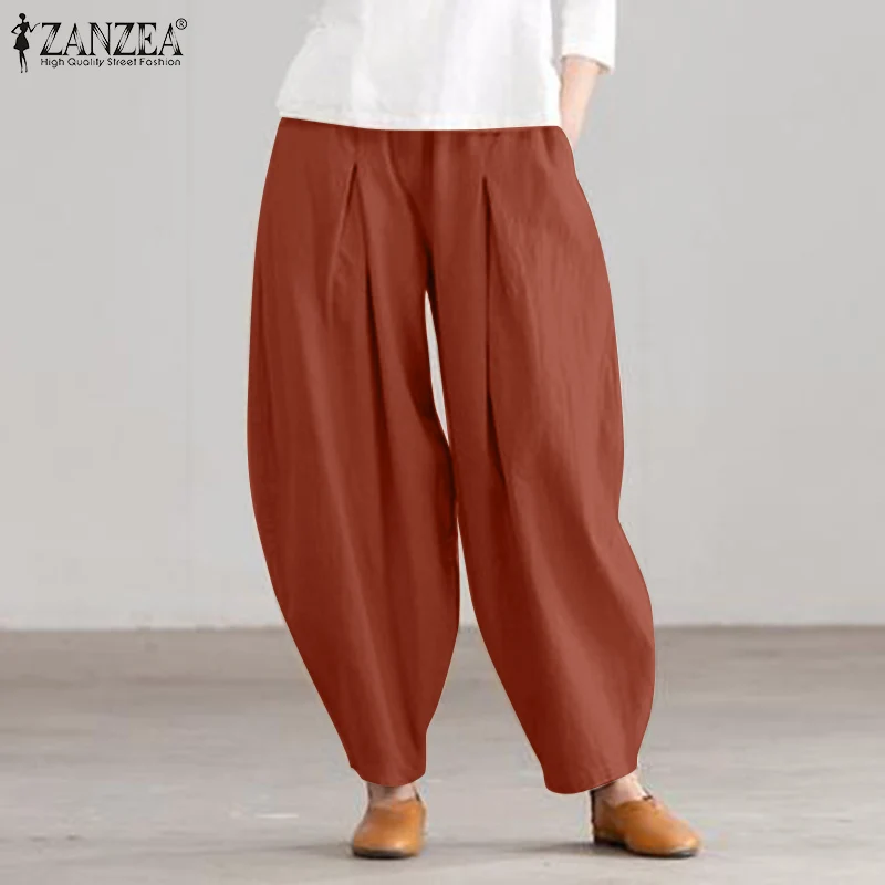 ZANZEA Summer Elastic Waist Solid Trousers Women Casual Baggy Pants Elegant Loose Wide Leg Pantalon Vintage Cotton Turnip 2024