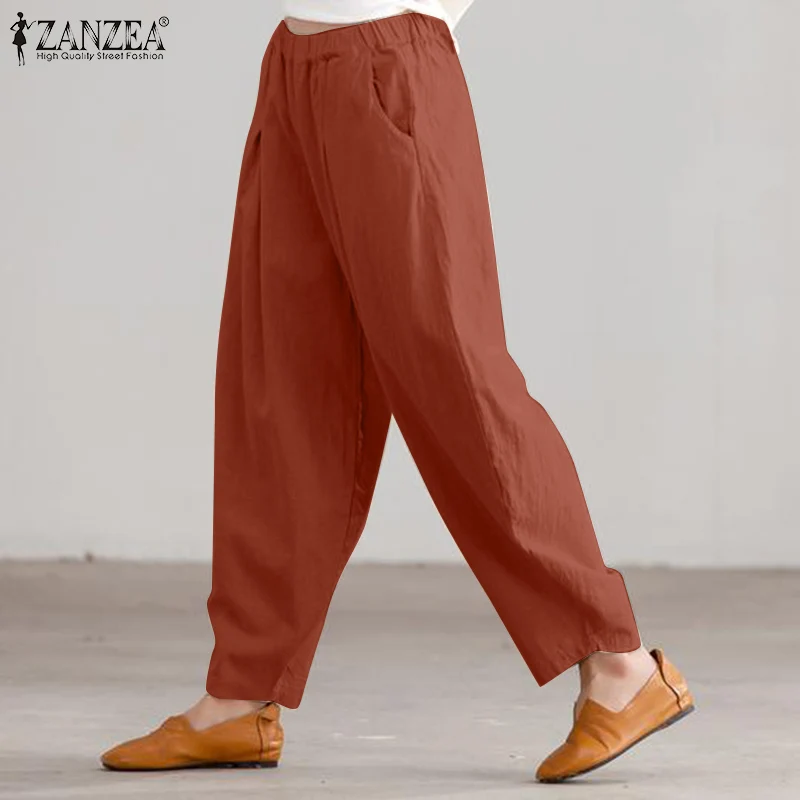 ZANZEA Summer Elastic Waist Solid Trousers Women Casual Baggy Pants Elegant Loose Wide Leg Pantalon Vintage Cotton Turnip 2024