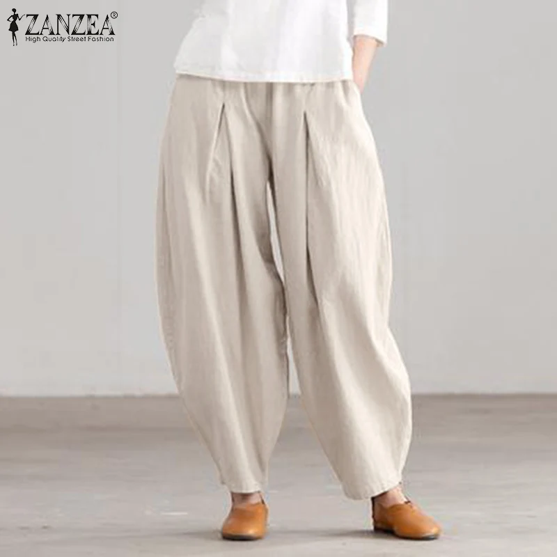 ZANZEA Summer Elastic Waist Solid Trousers Women Casual Baggy Pants Elegant Loose Wide Leg Pantalon Vintage Cotton Turnip 2024