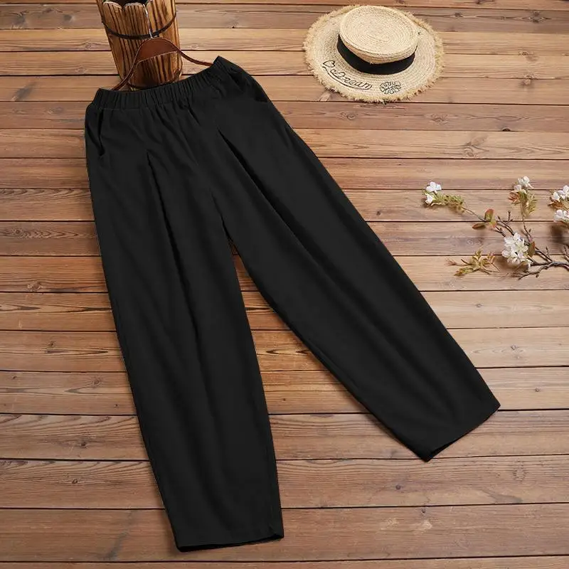 ZANZEA Summer Elastic Waist Solid Trousers Women Casual Baggy Pants Elegant Loose Wide Leg Pantalon Vintage Cotton Turnip 2024