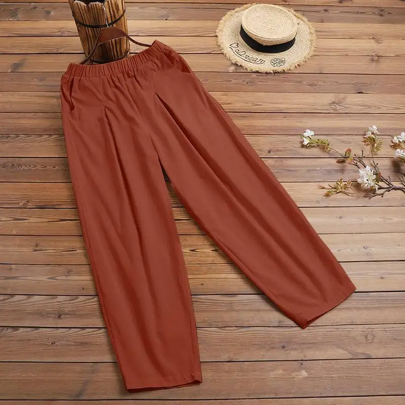 ZANZEA Summer Elastic Waist Solid Trousers Women Casual Baggy Pants Elegant Loose Wide Leg Pantalon Vintage Cotton Turnip 2024
